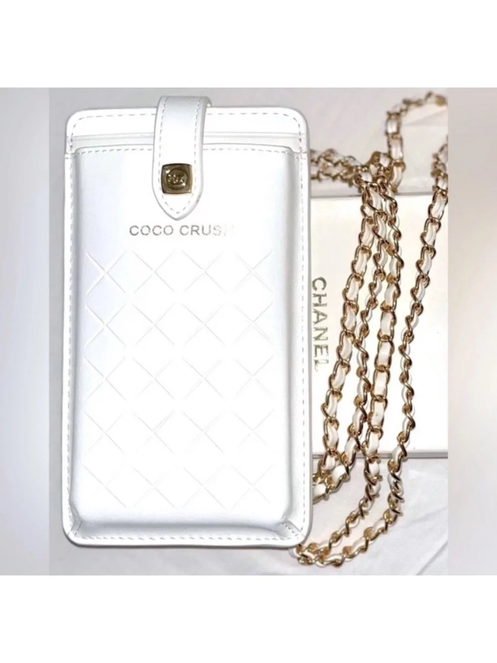 CHANEL White Quilted Coco Crush Leather Phone Crossbody with Gold Chain